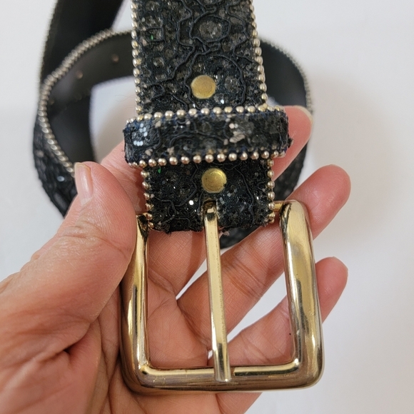 VTG Leather Belt Black Sparkly Sz S/M Buckle Y2K Whimsigoth Grunge Witch USA main image 8